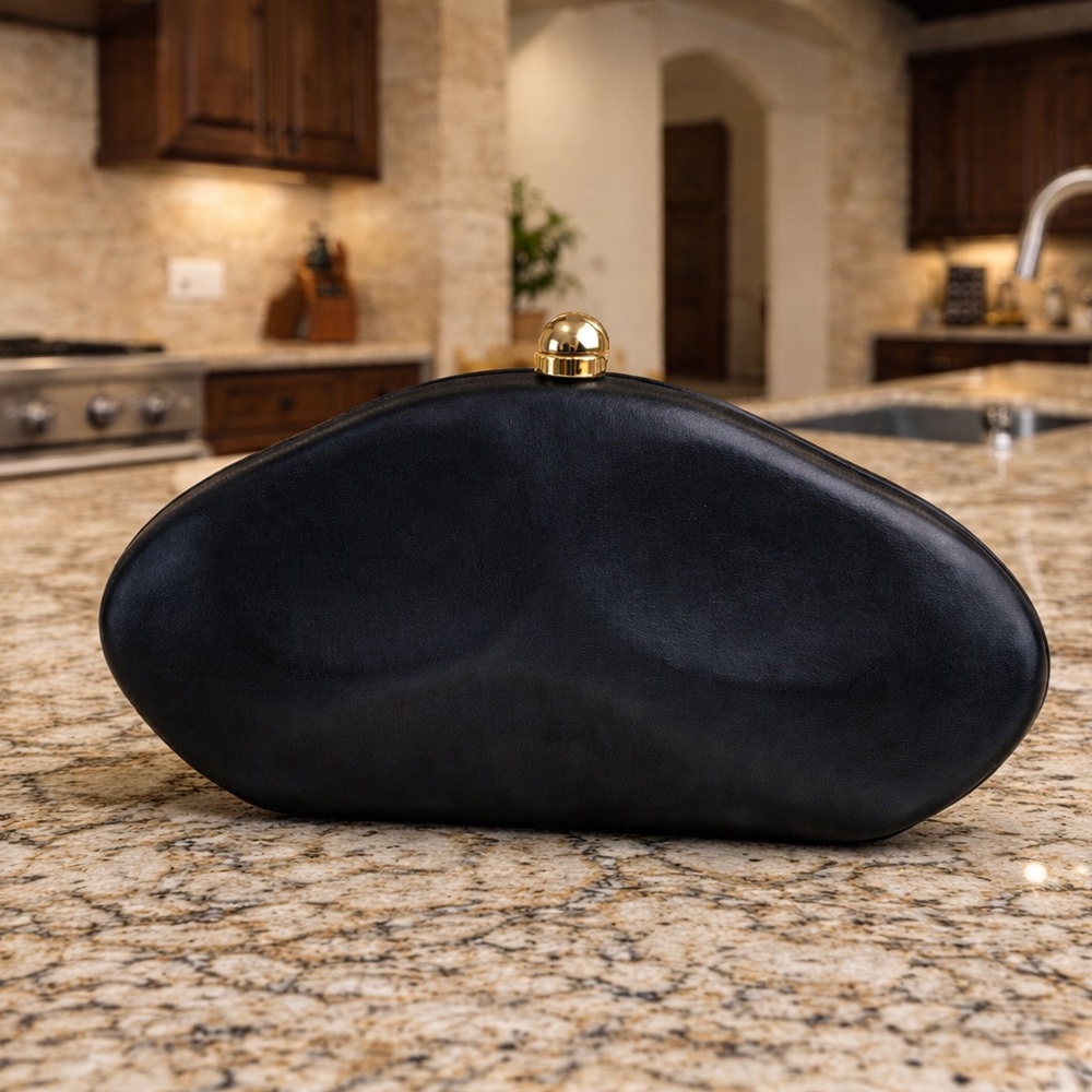 Matte Black Oval Clutch | Gold Clasp Evening Purse - Picture 3 of 3
